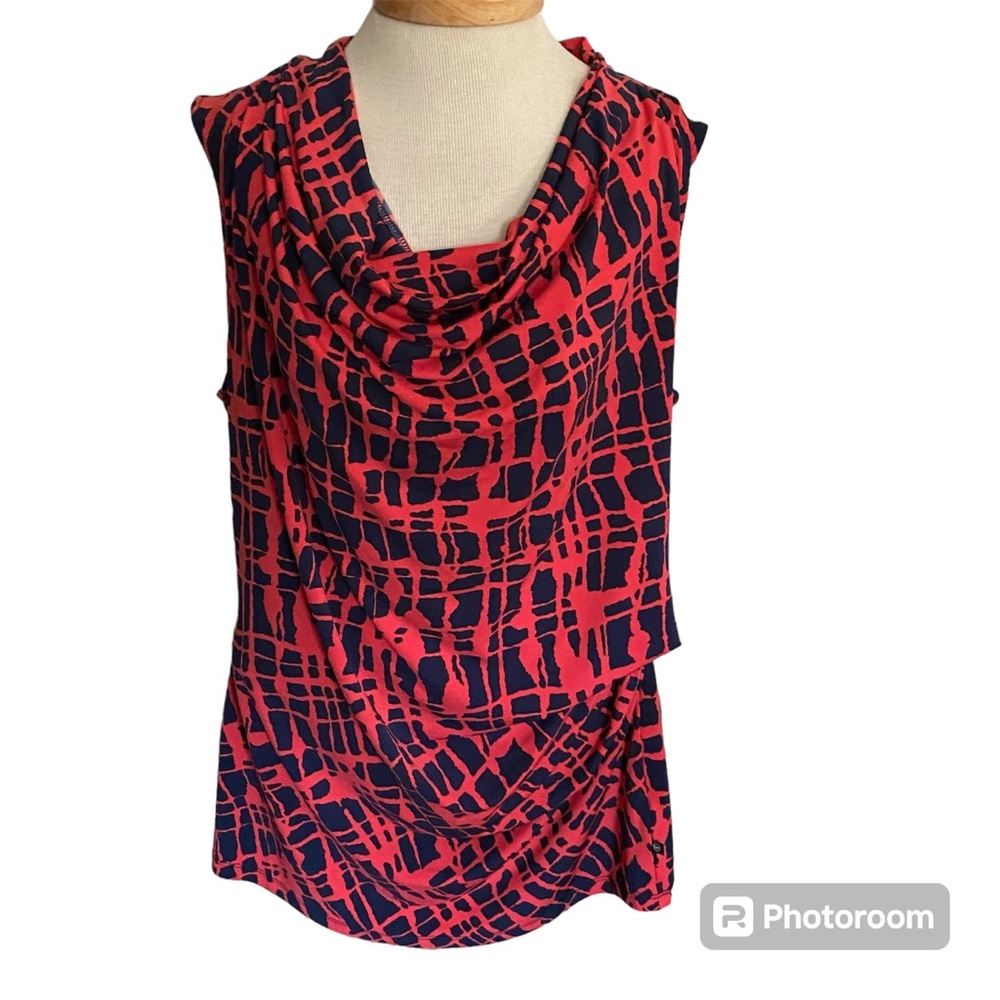 Michael Kors Women's Large Sleeveless Top Scoop Neck Red Blue Draped Form Layer